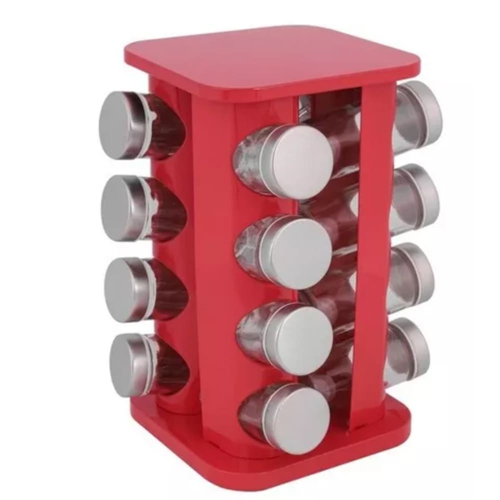 Porta Temperos Inox Vermelho + 16 Potes Vidro
