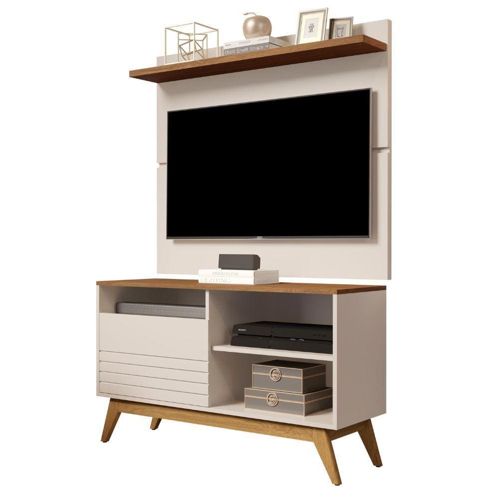 Rack com Painel para TV até 40" Sala Pequena Off White Freijo Fenix Wood Giga Móveis