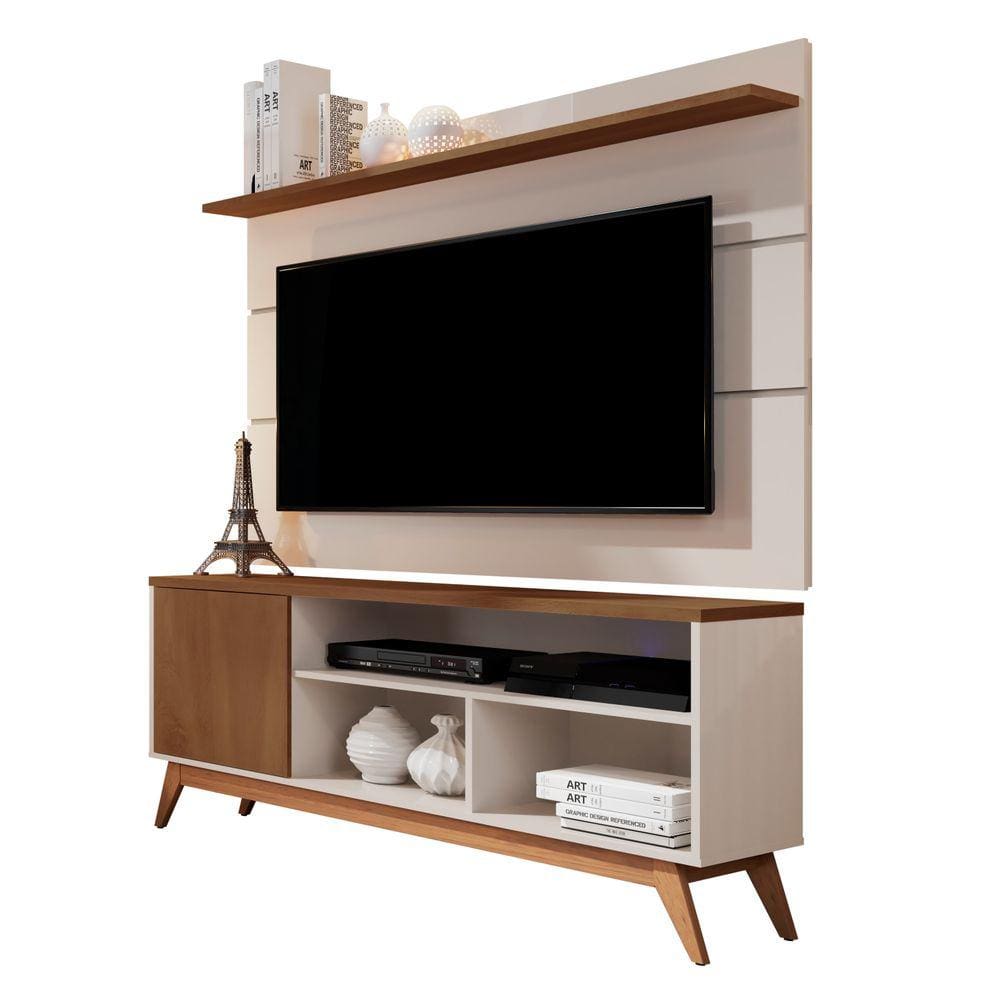 Rack com Painel TV até 55" Retro para Sala Pequena 1 Porta Off White Freijo Malbec Wood