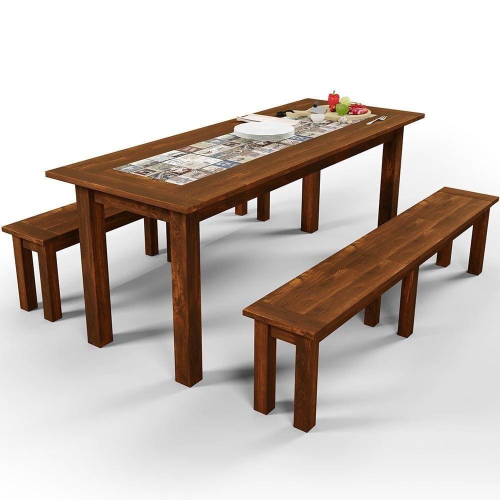 Mesa De Jantar Com Cerâmica Rústica 02 Bancos De Madeira Maciça Pinus 120cm W02 Imbuia - Lyam Decor
