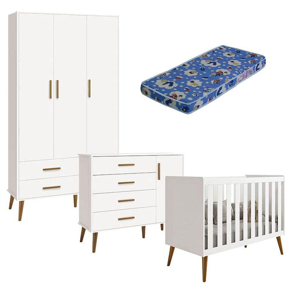 Quarto de Bebê Isis 3 Portas Branco Acetinado com Colchão Ortobom - Reller