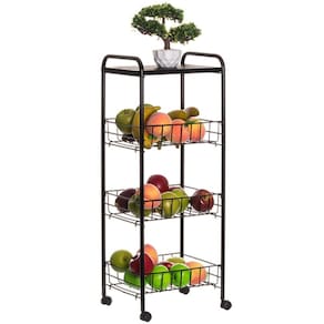 Fruteira de Chão Móvel 3 Andares Preta Cesto Frutas Triplo