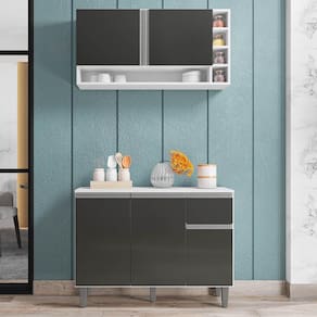 Balcão Gabinete De Cozinha E Armário Aéreo Vanessa Branco Cinza Escuro - Desk Design