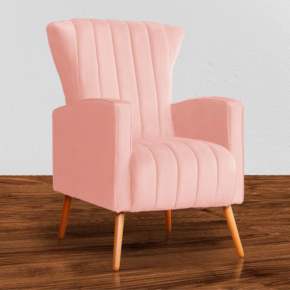 Poltrona Estofada Pés Palito Sala de Estar Melinda Veludo Rosa Nude - LM DECOR