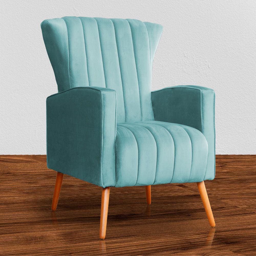 Poltrona Estofada Pés Palito Sala de Estar Melinda Veludo Azul Turquesa - LM DECOR
