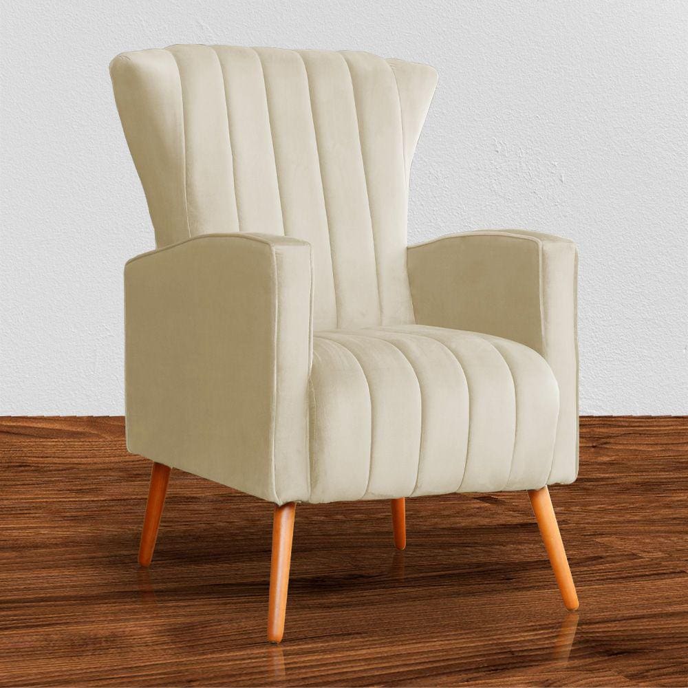 Poltrona Estofada Pés Palito Sala de Estar Melinda Veludo Bege - LM DECOR