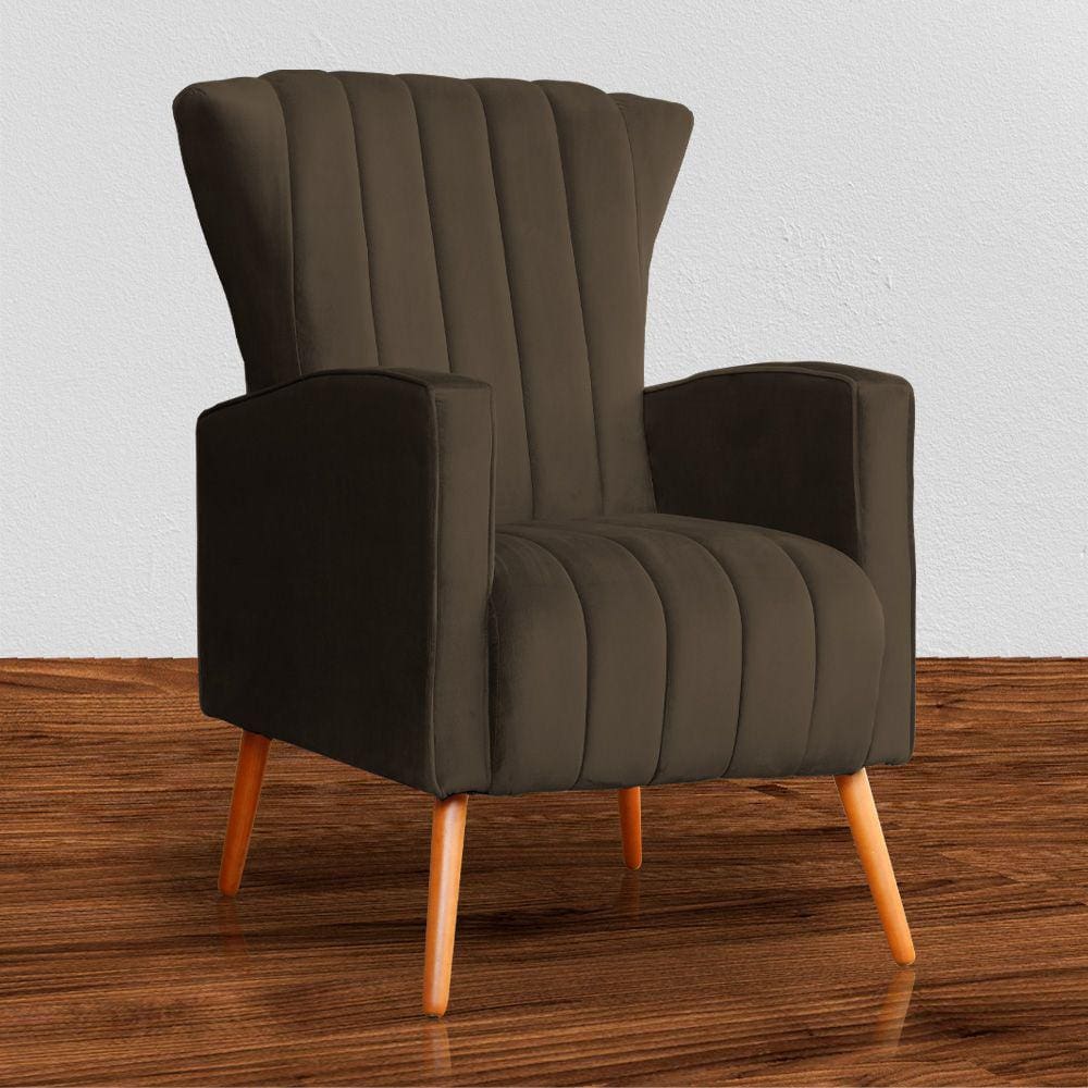 Poltrona Estofada Pés Palito Sala de Estar Melinda Veludo Marrom - LM DECOR