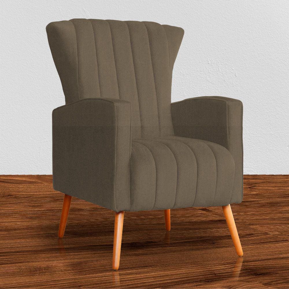Poltrona Estofada Pés Palito Sala de Estar Melinda Linho Marrom - LM DECOR