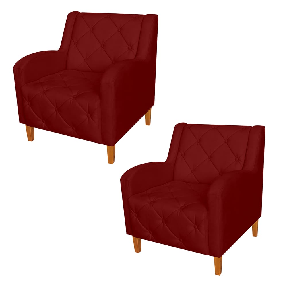 Jogo 2 Poltronas Estofadas Para Recepção Clínica Munique Suede Vermelho Bordô - LM DECOR