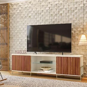 Bancada Rack Ripado 180cm Palestra Prateleira De Vidro Mdp/mdf Mel/off White G44 - Gran Belo
