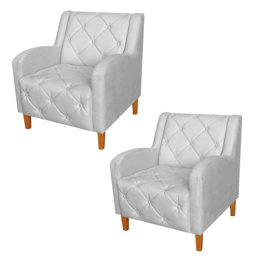 Conjunto 2 Poltronas Estofadas Para Sala De Estar Munique Corano Branco  - LM DECOR