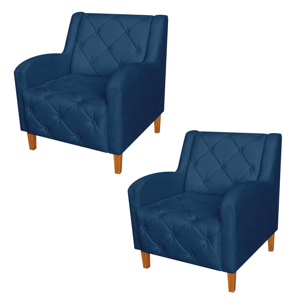 Conjunto 2 Poltronas Estofadas Para Sala De Estar Munique Suede Azul Marinho  - LM DECOR