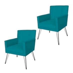 Kit 2 Poltronas Estofadas Para Escritório Pés de Ferro Onix Suede Azul Turquesa - LM DECOR