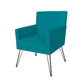 Poltrona Estofada Para Sala Comercial Pés de Ferro Onix Suede Azul Turquesa - LM DECOR