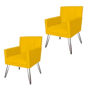 Kit 2 Poltronas Estofadas Para Escritório Pés de Ferro Onix Corano Amarelo - LM DECOR
