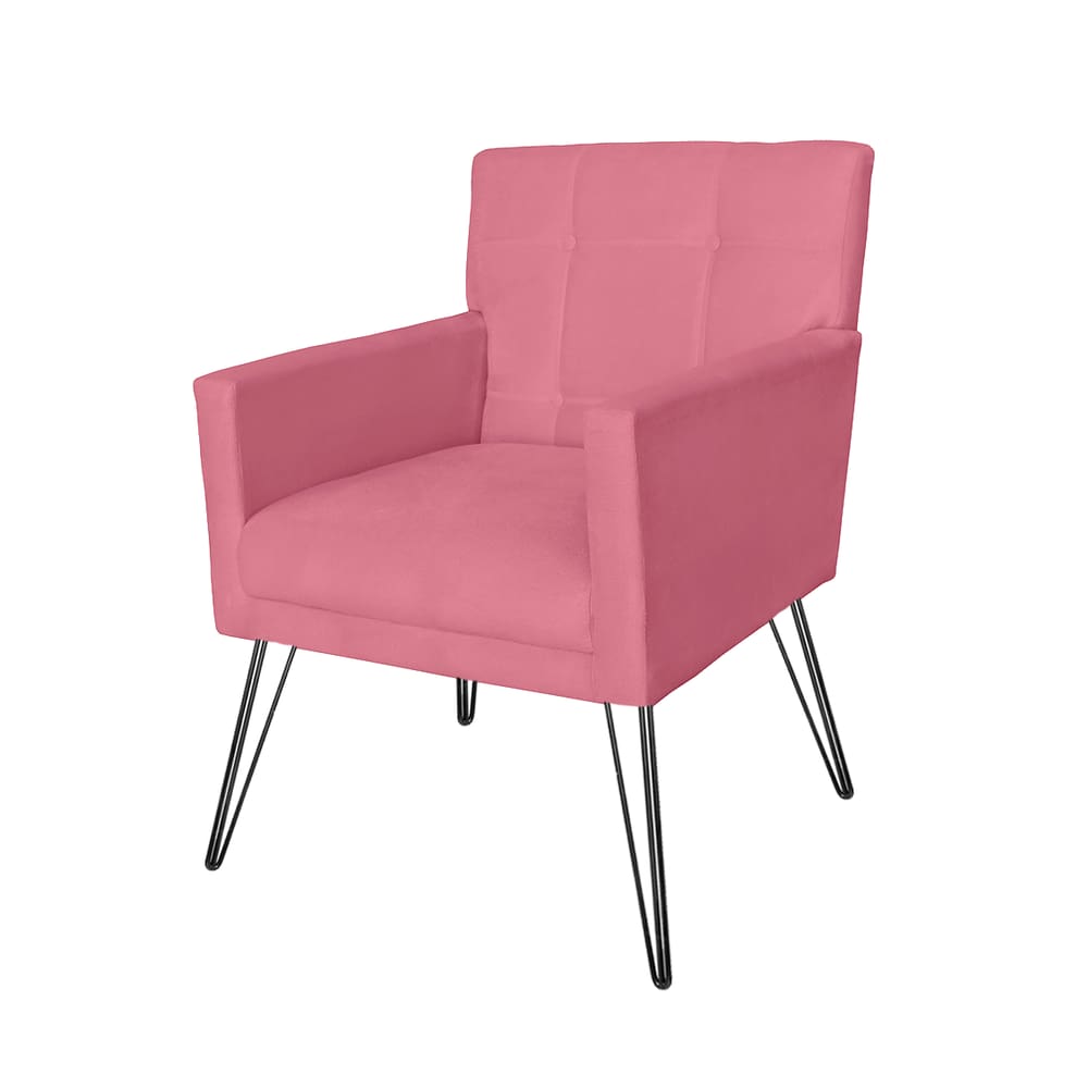 Poltrona Estofada Para Sala Comercial Pés de Ferro Onix Suede Rosa Barbie - LM DECOR