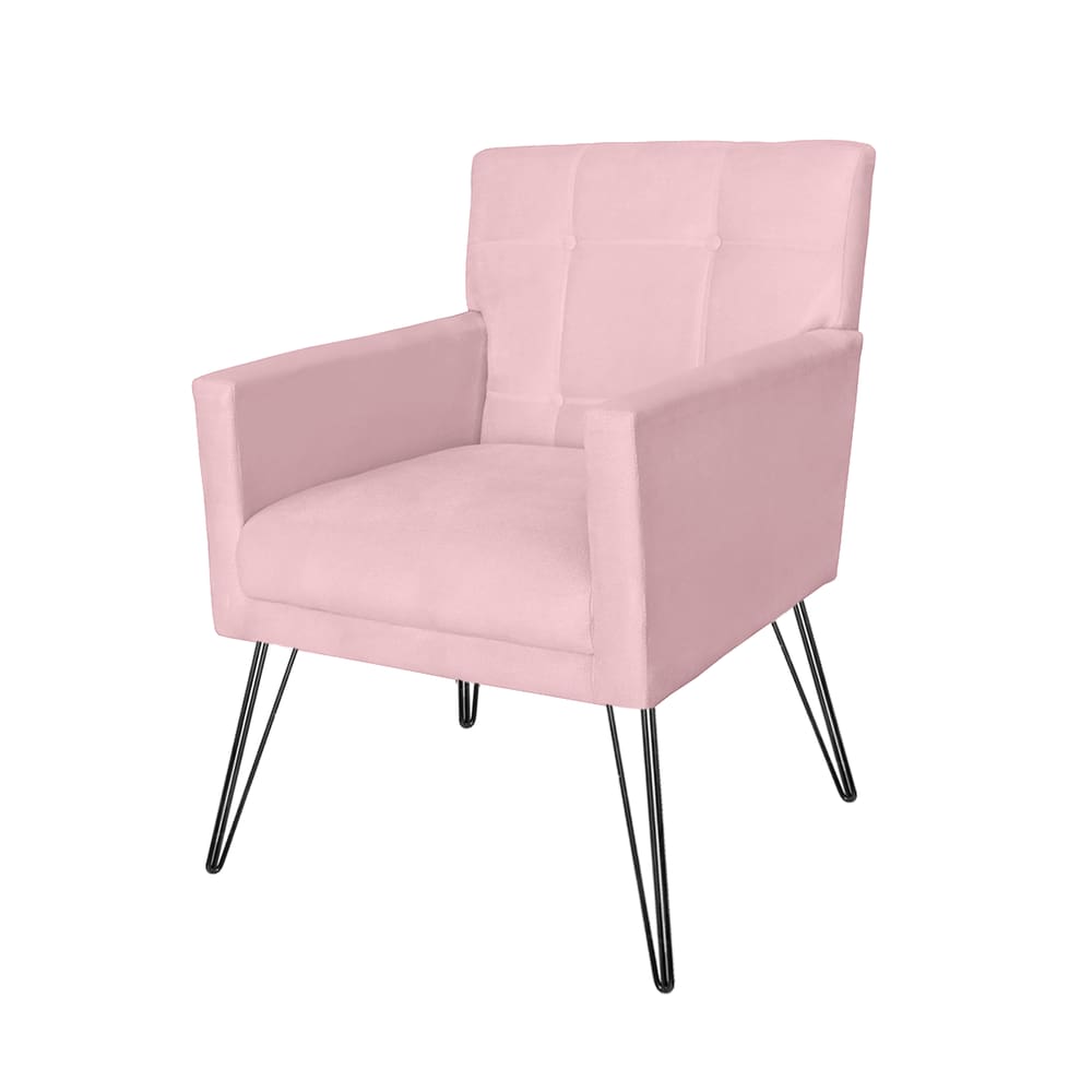 Poltrona Estofada Para Sala de Estar Pés de Ferro Onix Corano Rosa Bebe - LM DECOR