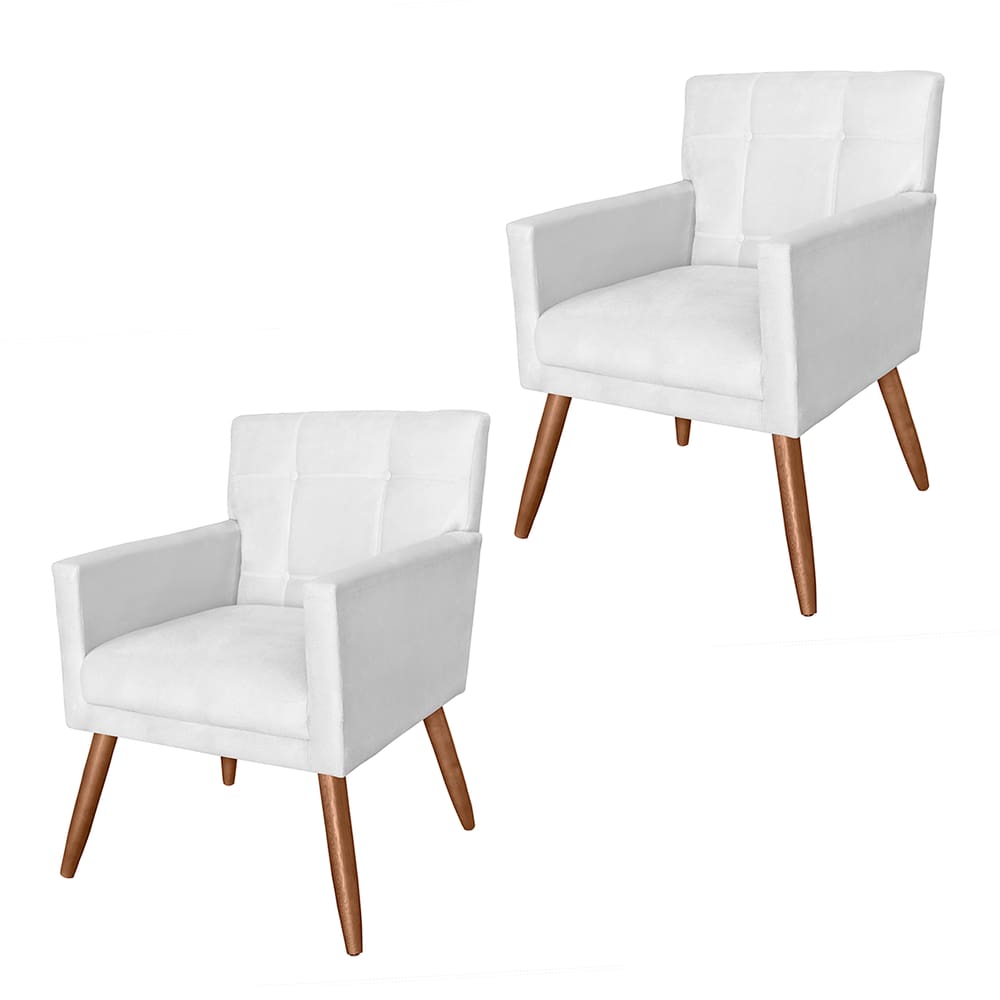 Conjunto 2 Poltronas Estofadas Pés Palito Sala de Visitas Onix Corano Branco - LM DECOR
