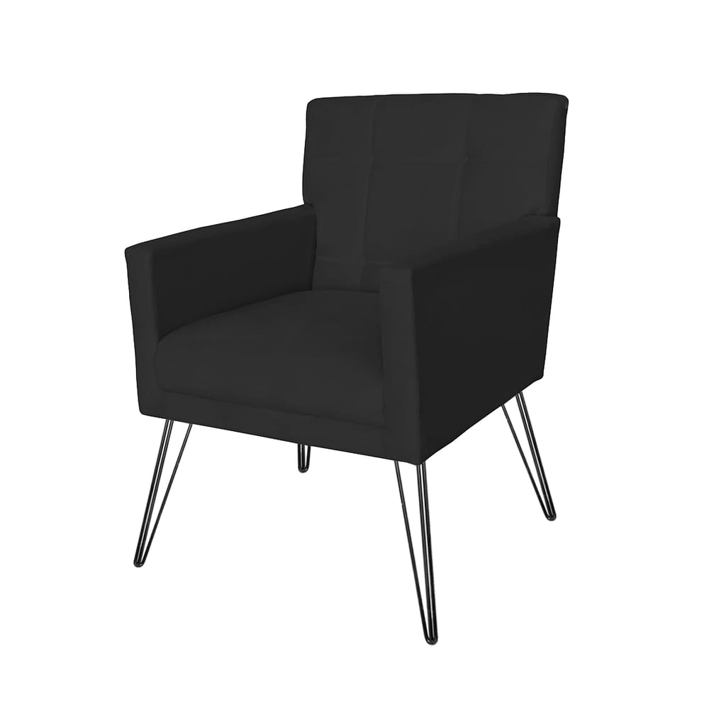 Poltrona Estofada Para Sala Comercial Pés de Ferro Onix Suede Preto - LM DECOR
