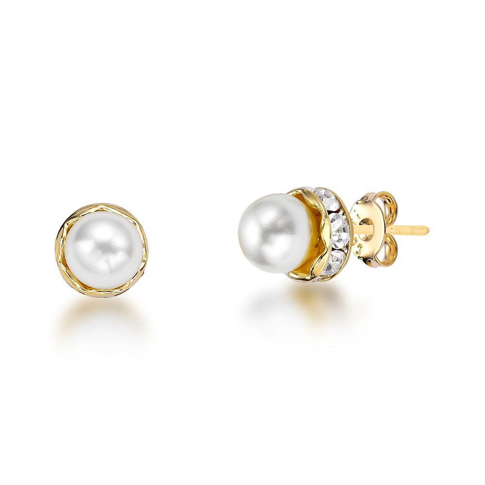 Brinco Pérola 7mm+Cristal Folheado A Ouro 18k Antialérgico