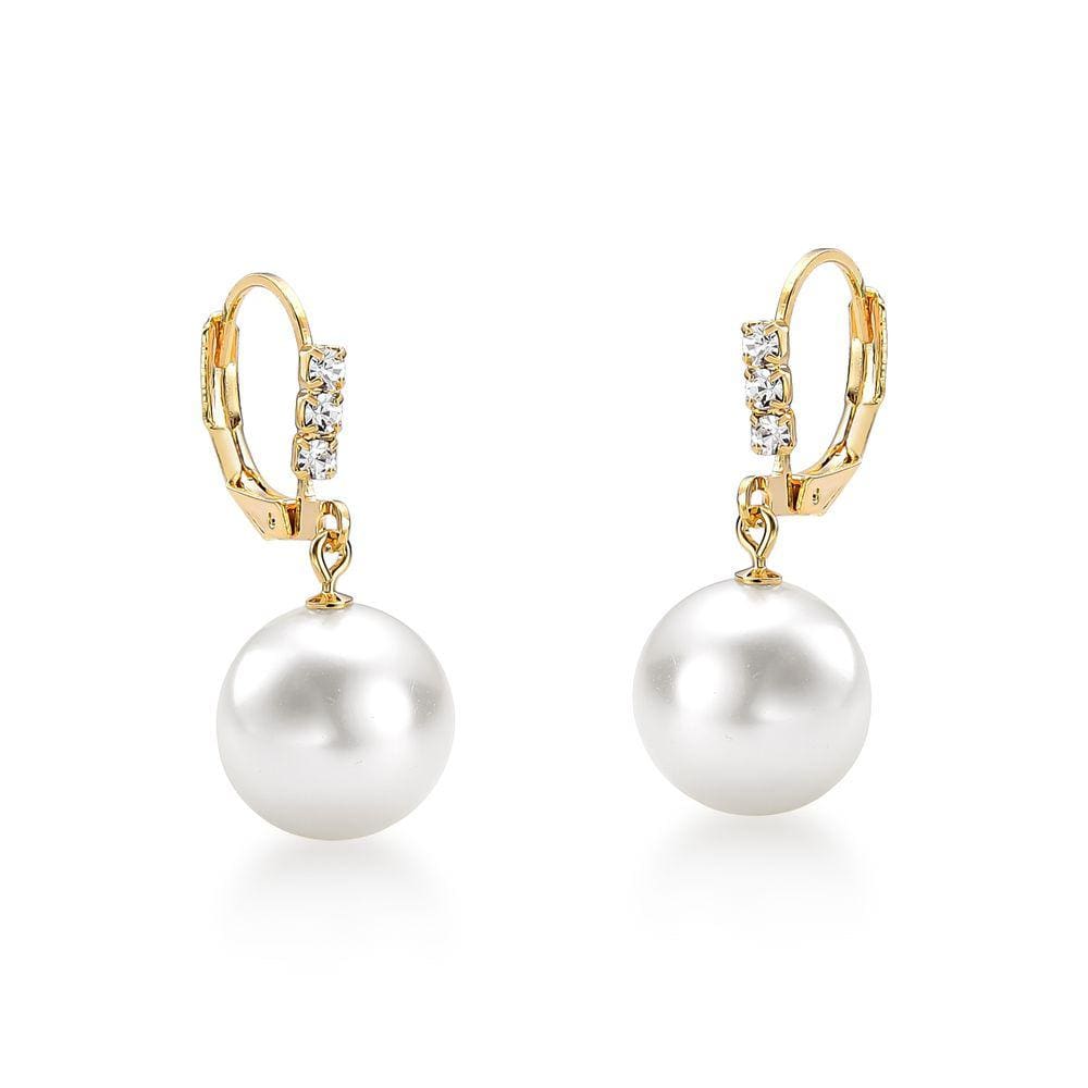 Brinco Gancho Pérola+Cristal Folheado a Ouro18k Hipoalérgico