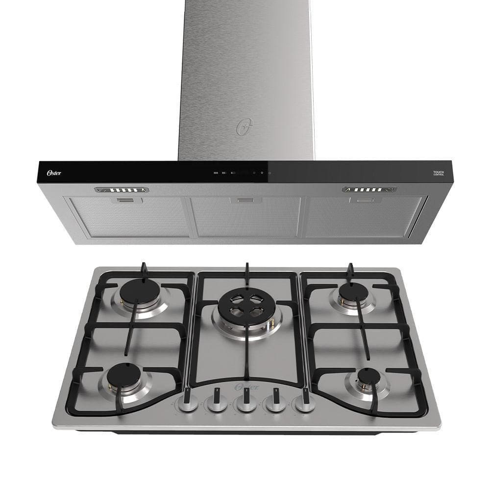 Kit Inox Cooktop A Gás 5 Bocas E Coifa De Ilha 90cm Oster 220V