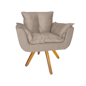 Poltrona Estofada Com Base Giratória De Madeira Sala Comercial Opala Suede Bege - LM DECOR