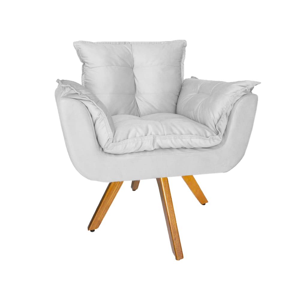 Poltrona Estofada Com Base Giratória De Madeira Sala de Estar Opala Suede Branco - LM DECOR