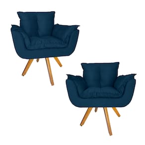 Jogo 2 Poltrona Estofada Base Giratória De Madeira Escritório Opala Suede Azul Marinho - LM DECOR