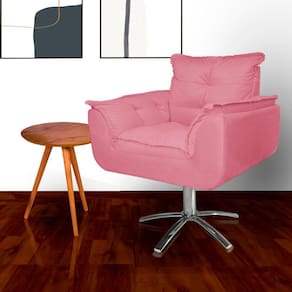 Poltrona Estofada Com Base Giratória de Metal Opala Suede Rosa Barbie - LM DECOR