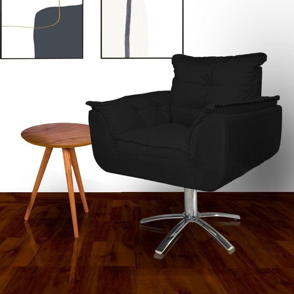 Poltrona Estofada Com Base Giratória de Metal Opala Suede Preto - LM DECOR