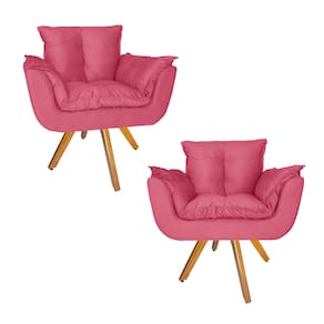 Conjunto 2 Poltrona Estofada Base Giratória De Madeira Clínica Opala Suede Rosa Barbie - LM DECOR
