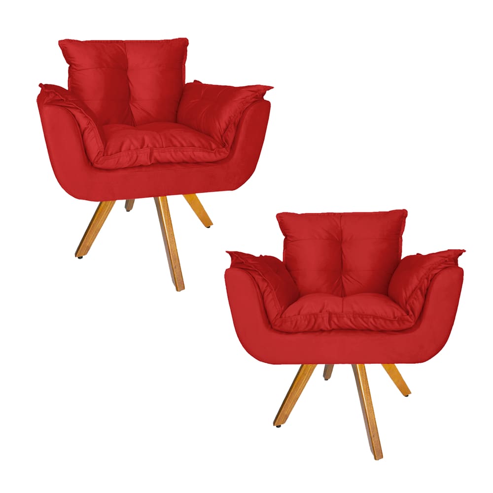Conjunto 2 Poltrona Estofada Base Giratória De Madeira Clínica Opala Suede Vermelho - LM DECOR