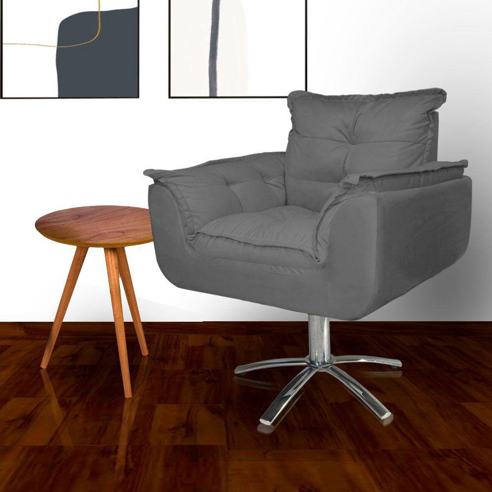 Poltrona Estofada Com Base Giratória de Metal Opala Suede Cinza - LM DECOR