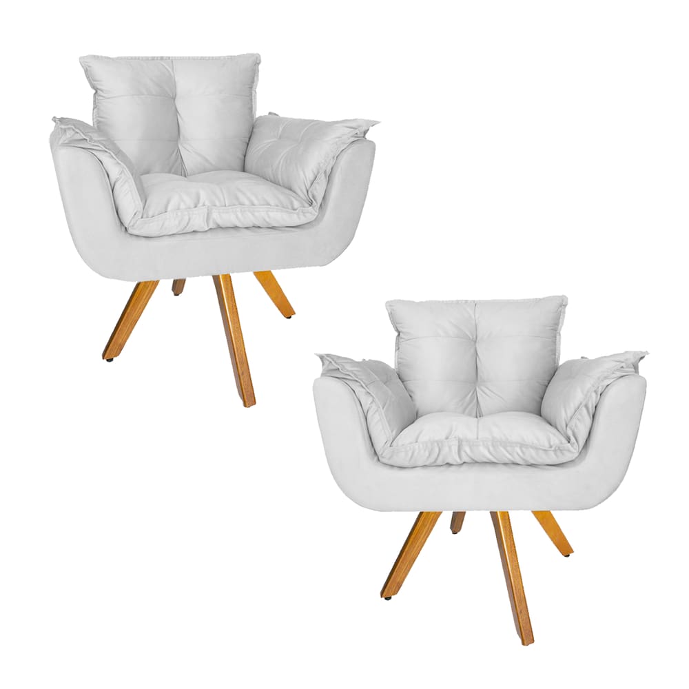 Conjunto 2 Poltrona Estofada Base Giratória De Madeira Clínica Opala Suede Branco - LM DECOR