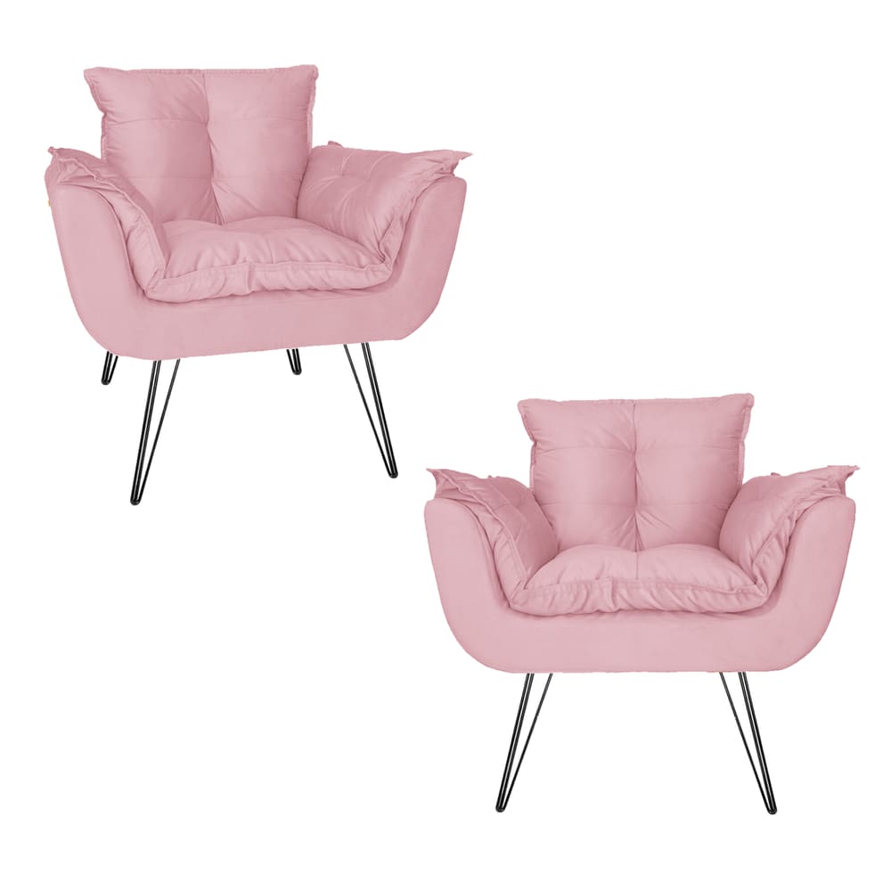 Combo 2 Poltronas Estofadas Sala Comercial Pés de Ferro Opala Suede Rosa Bebe - LM DECOR