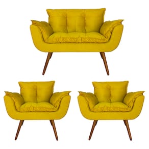 Combo Namoradeira e 2 Poltronas Estofadas Salão de Beleza Opala Suede Amarelo - LM DECOR