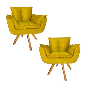 Combo 2 Poltrona Decorativa Base Giratória De Madeira Salão Opala Suede Amarelo - LM DECOR