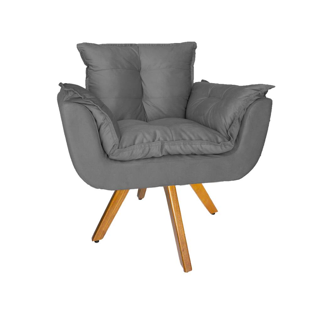 Poltrona Estofada Com Base Giratória De Madeira Sala Comercial Opala Suede Cinza - LM DECOR