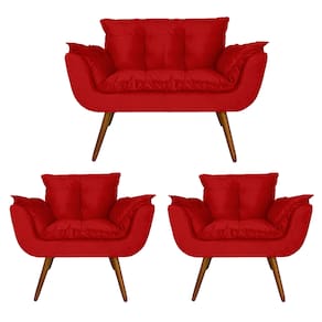 Conjunto Namoradeira e 2 Poltronas Estofadas Hall de Entrada Opala Suede Vermelho - LM DECOR