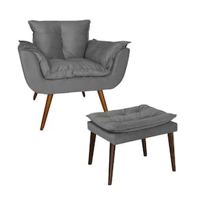 Poltrona Com Puff Opala Estofada Sala de Estar Suede Cinza - LM DECOR