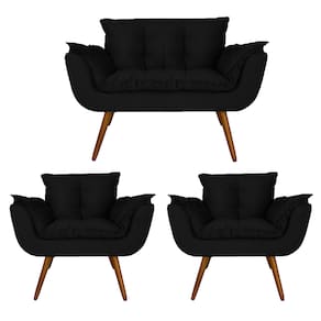 Conjunto Namoradeira e 2 Poltronas Estofadas Hall de Entrada Opala Suede Preto - LM DECOR