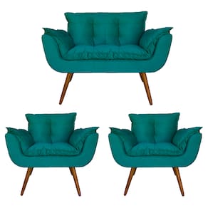 Conjunto Namoradeira e 2 Poltronas Estofadas Hall de Entrada Opala Suede Azul Turquesa - LM DECOR