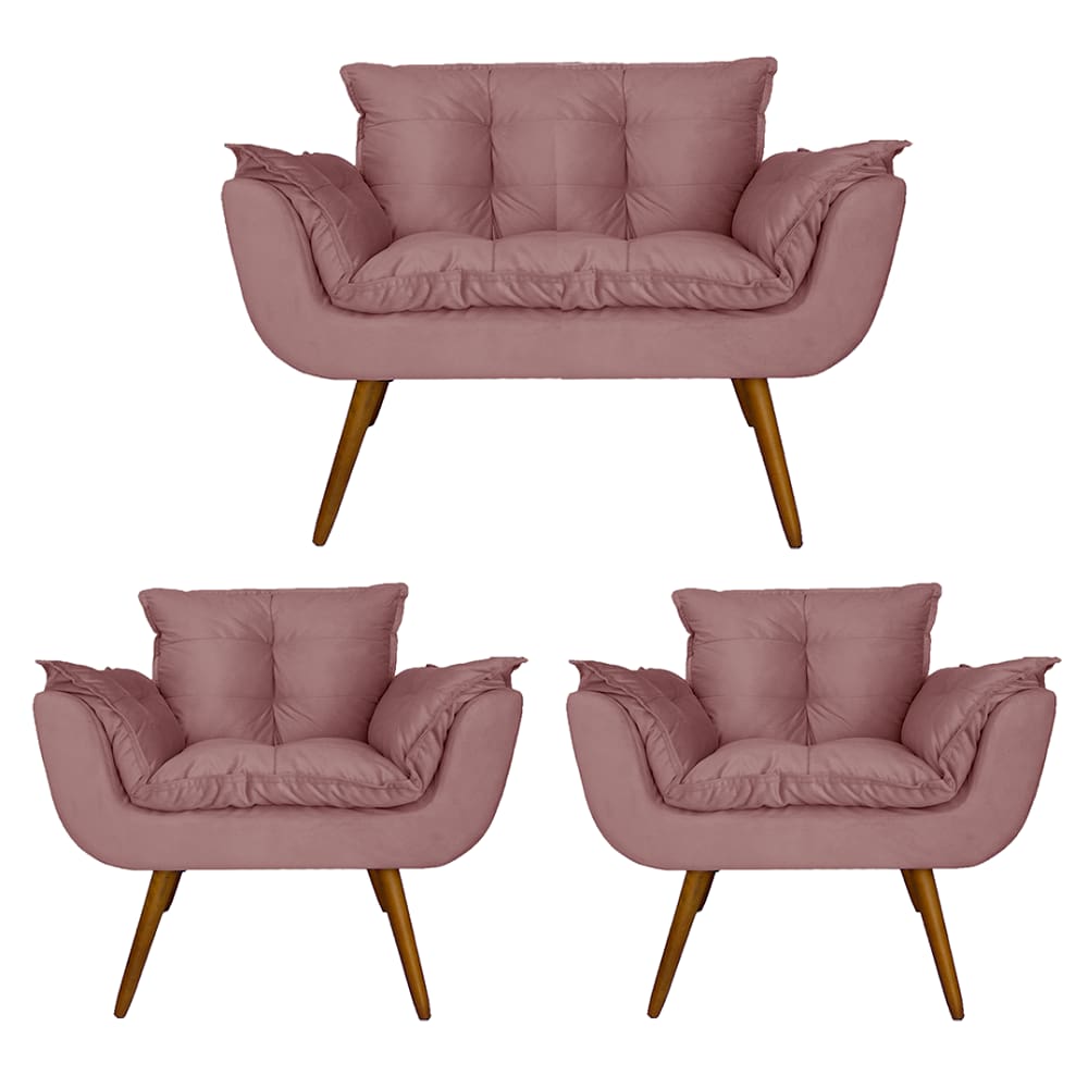 Conjunto Namoradeira e 2 Poltronas Estofadas Hall de Entrada Opala Suede Rosê - LM DECOR
