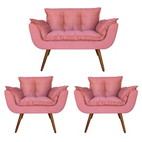 Conjunto Namoradeira e 2 Poltronas Estofadas Hall de Entrada Opala Suede Rosa - LM DECOR