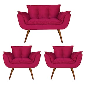 Conjunto Namoradeira e 2 Poltronas Estofadas Hall de Entrada Opala Suede Rosa Pink - LM DECOR