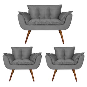 Conjunto Namoradeira e 2 Poltronas Estofadas Hall de Entrada Opala Suede Cinza - LM DECOR