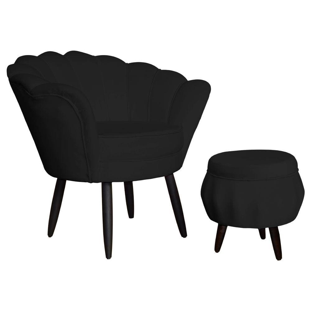 Kit 1 Poltrona Com 1 Puff Pés Palito Salão de Beleza Pétala Suede Preto - LM DECOR