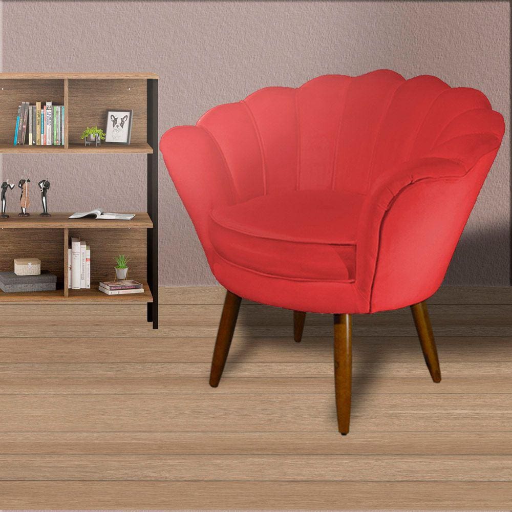 Poltrona Decorativa Estofada Para Quarto Closet Pétala Suede Vermelho - LM DECOR