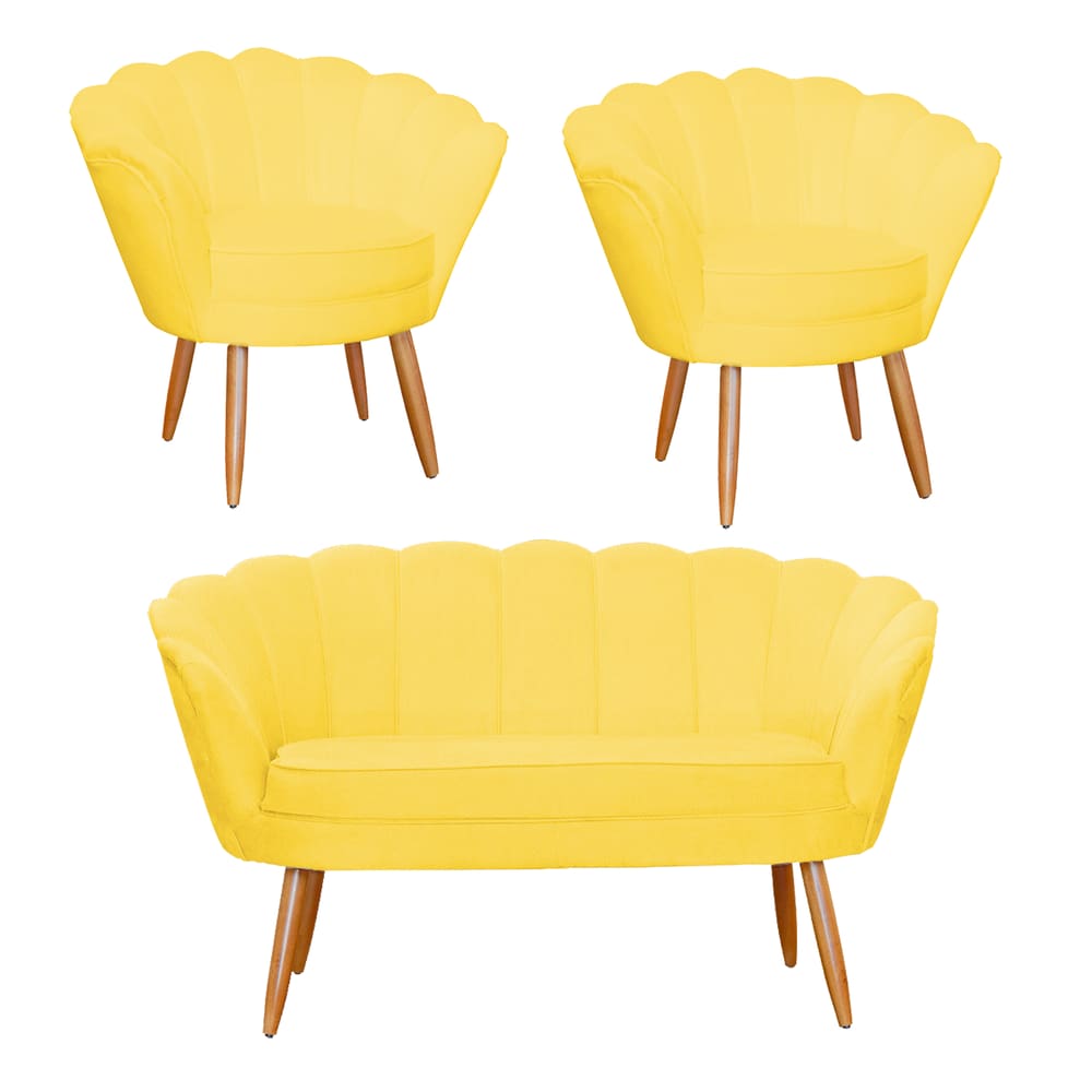Combo Pétala Namoradeira e 2 Poltronas Decorativa Estofada Suede Amarelo - LM DECOR